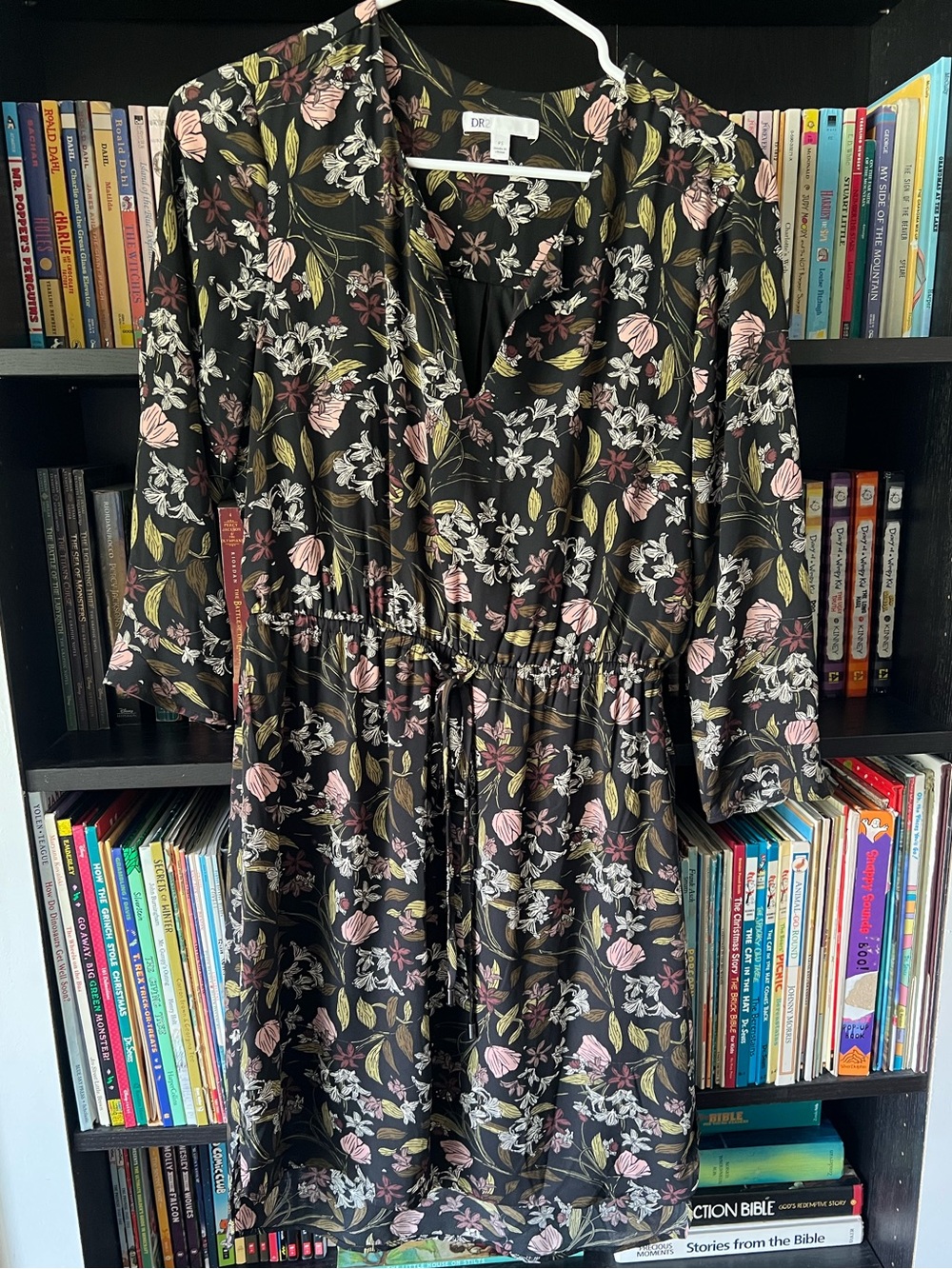 DR2 Black Floral Drawstring Long Sleeve Midi Dress - Pink & Olive